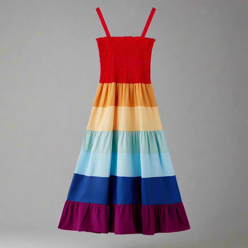 Matching rainbow-colored sundresses for mom and daughter, ideal for summer outings