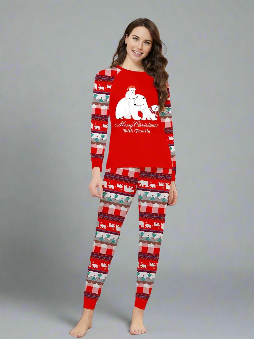 Red and white matching family Christmas pajamas featuring polar bear and winter-themed patterns