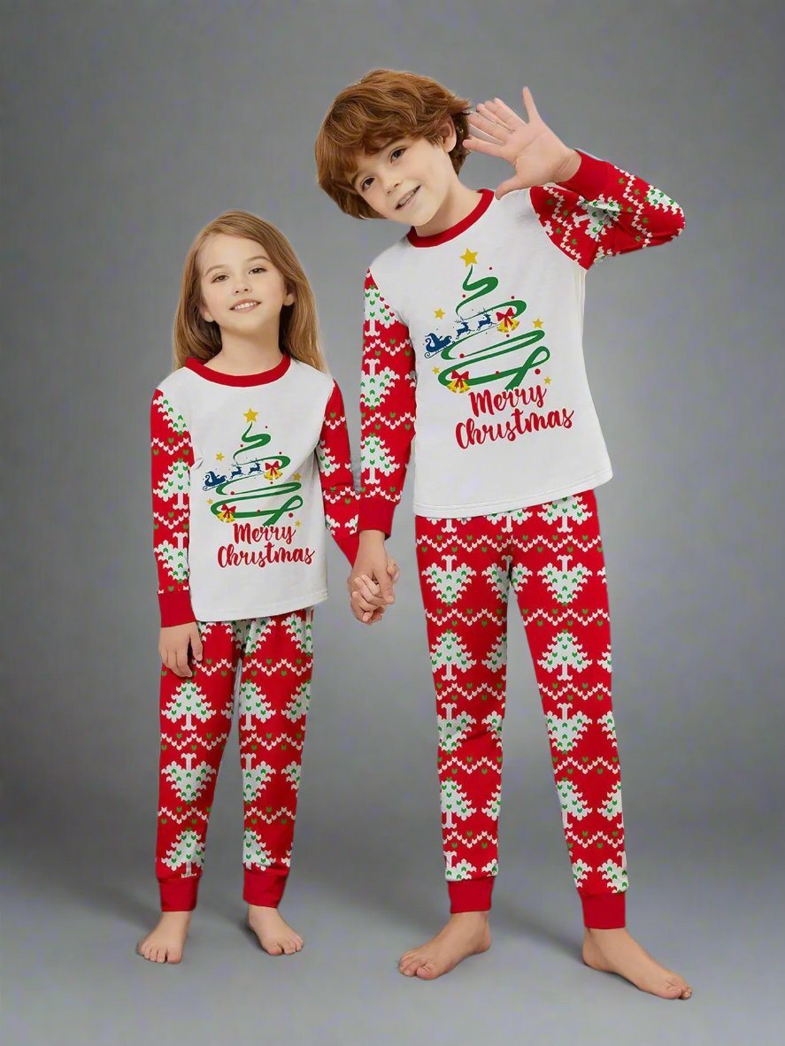 Red and white family pajamas set with festive Christmas tree patterns, perfect for holiday photos