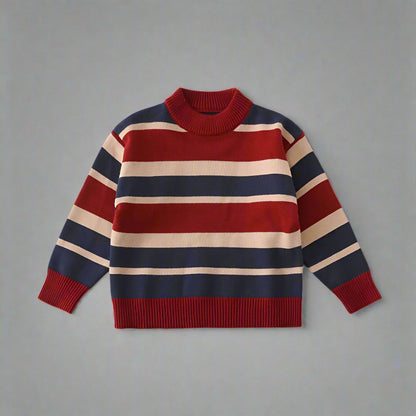 Parents and child dressed in matching striped knit sweaters, ideal for a casual family outin