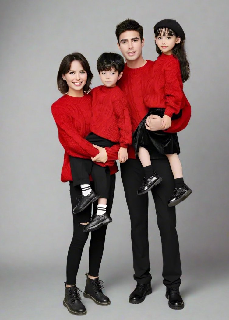 Red cable-knit sweater with a classic winter design, ideal for family holiday outfits