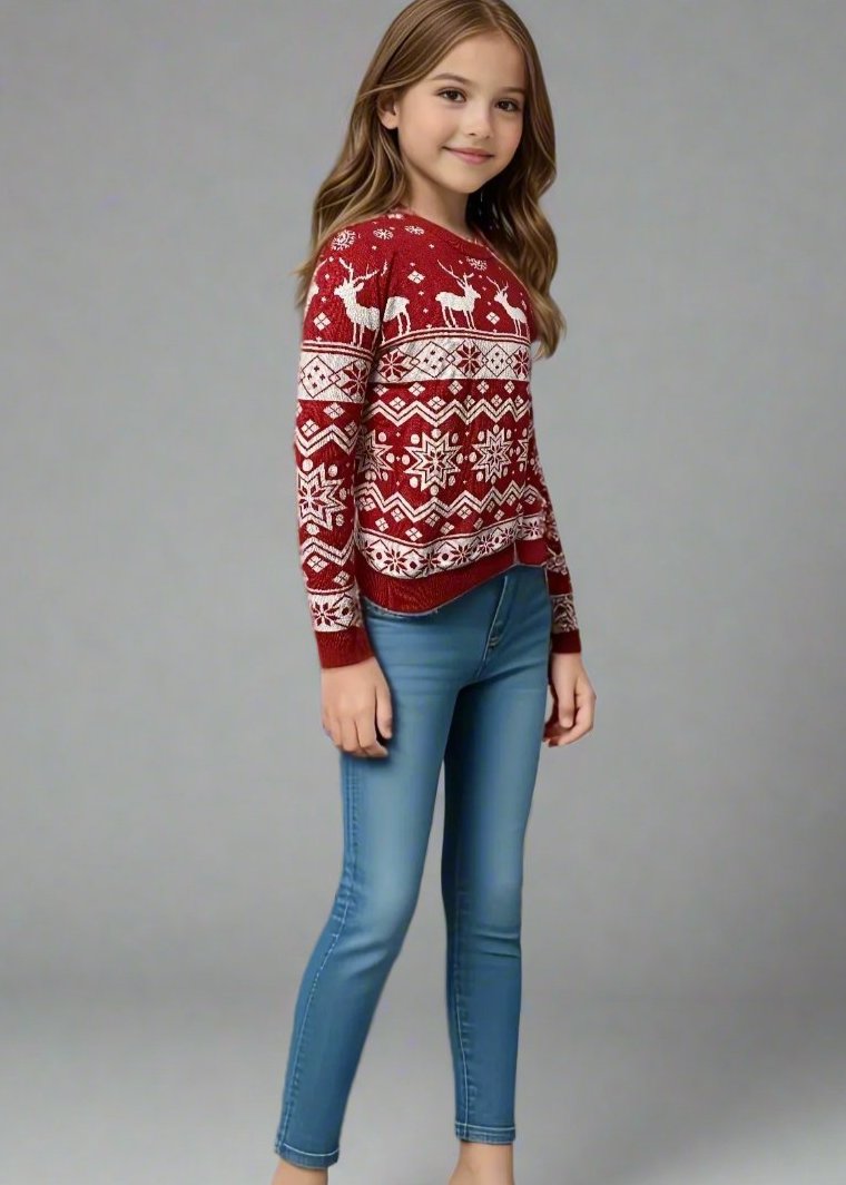 Red knit Christmas sweaters with reindeer and snowflake patterns, styled for family holiday photos