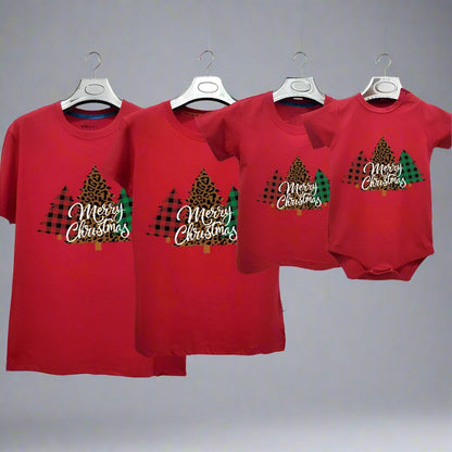 Red family matching Christmas shirts featuring plaid and leopard tree designs for a festive holiday look