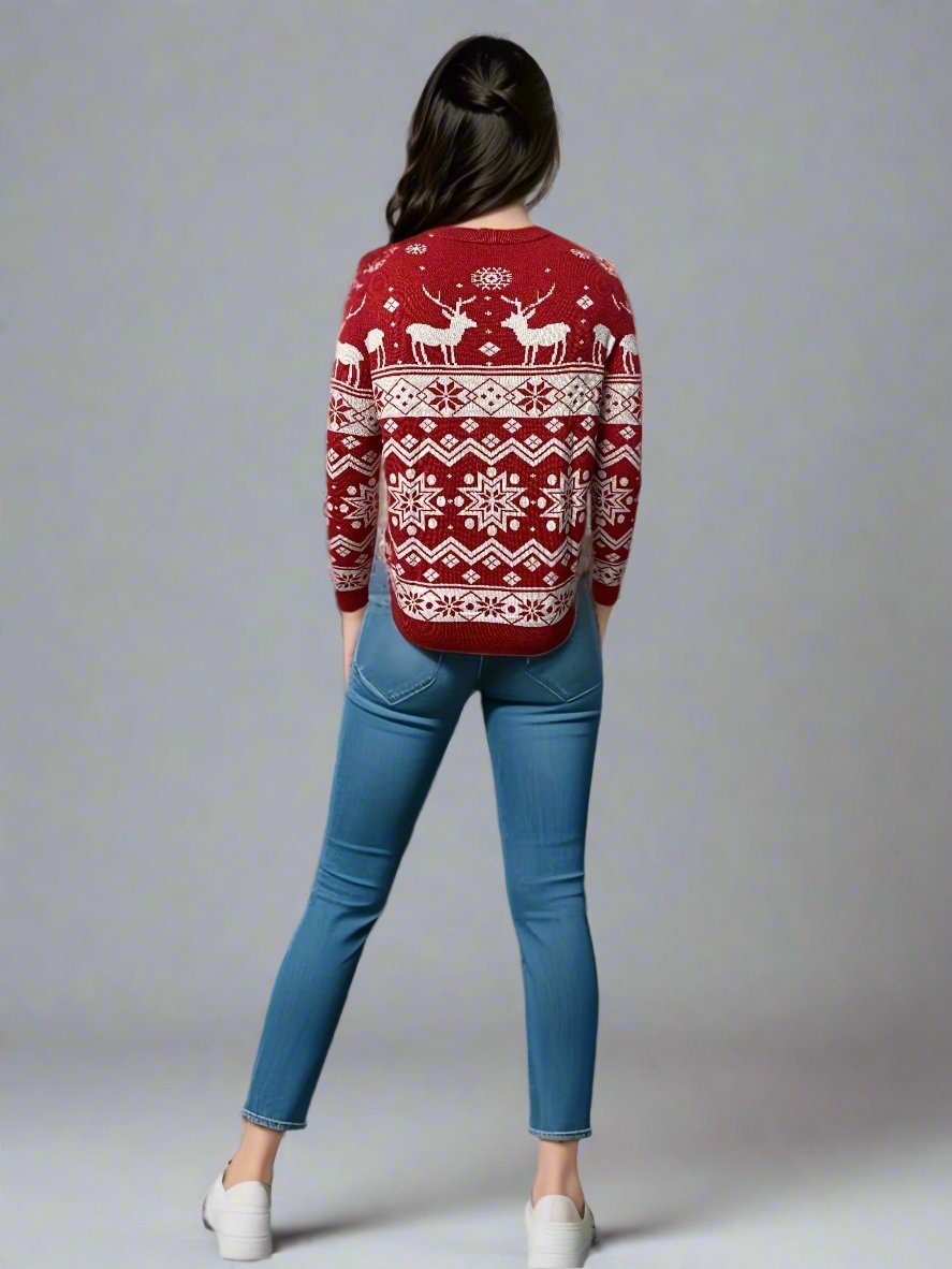 Matching red Christmas sweaters for families with festive reindeer and snowflake patterns, perfect for the holidays