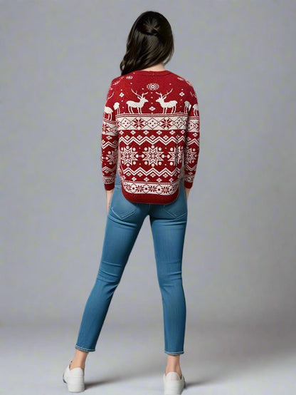 Matching red Christmas sweaters for families with festive reindeer and snowflake patterns, perfect for the holidays