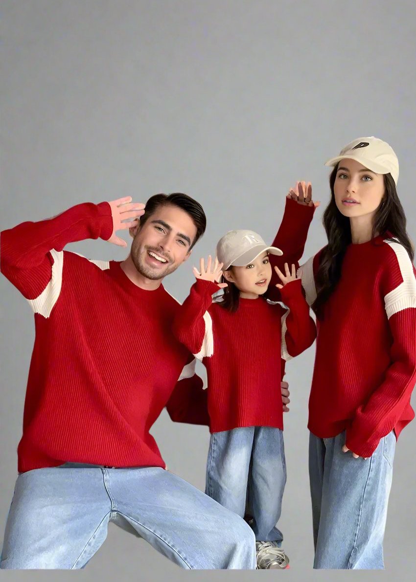 Family wearing matching red knit sweaters with white accents and casual denim, ideal for cozy outings