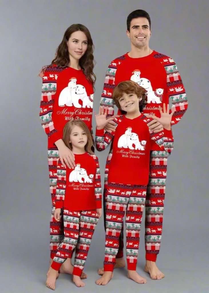 Family Christmas pajamas featuring a festive polar bear and Santa design in red and white