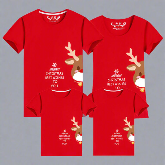 red family Christmas t-shirts featuring a reindeer design and 'Merry Christmas Best Wishes' text