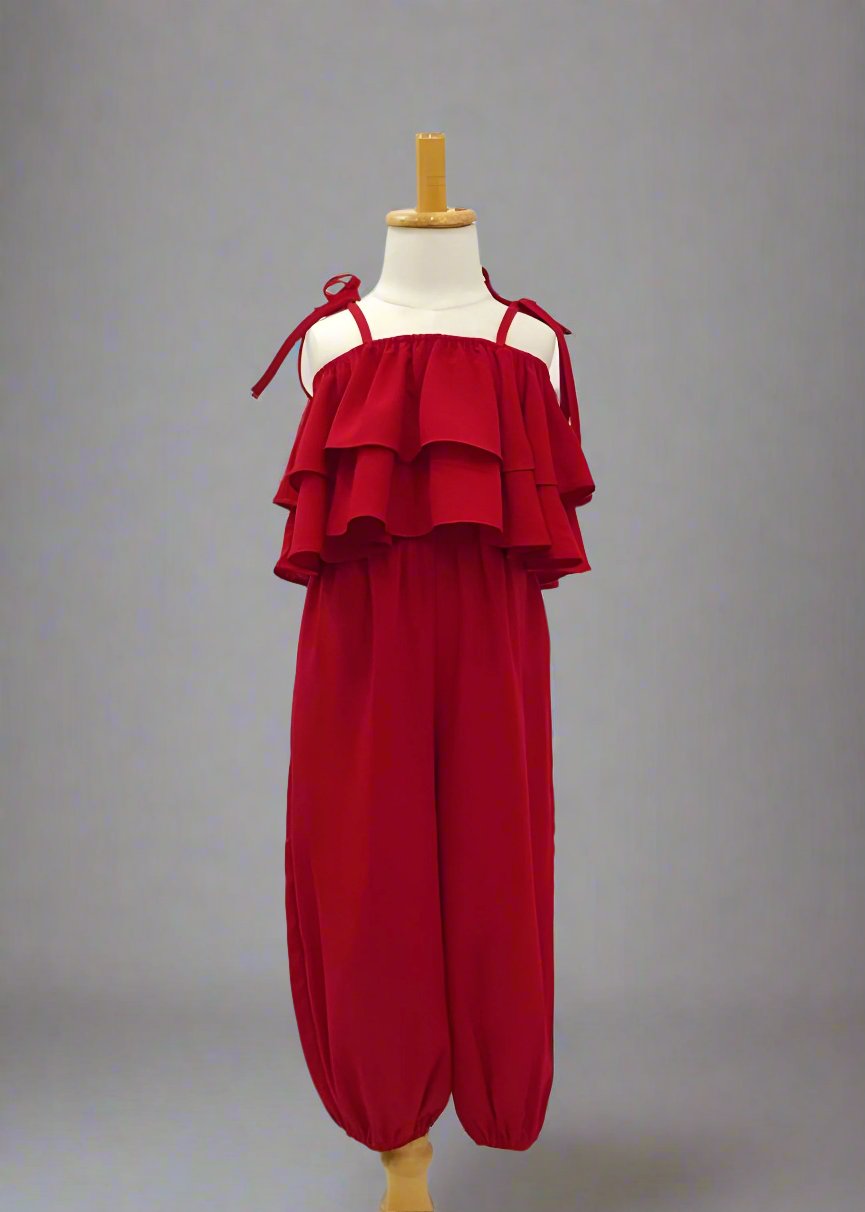 Chic red ruffle jumpsuit for girls, designed for special occasions or casual outings