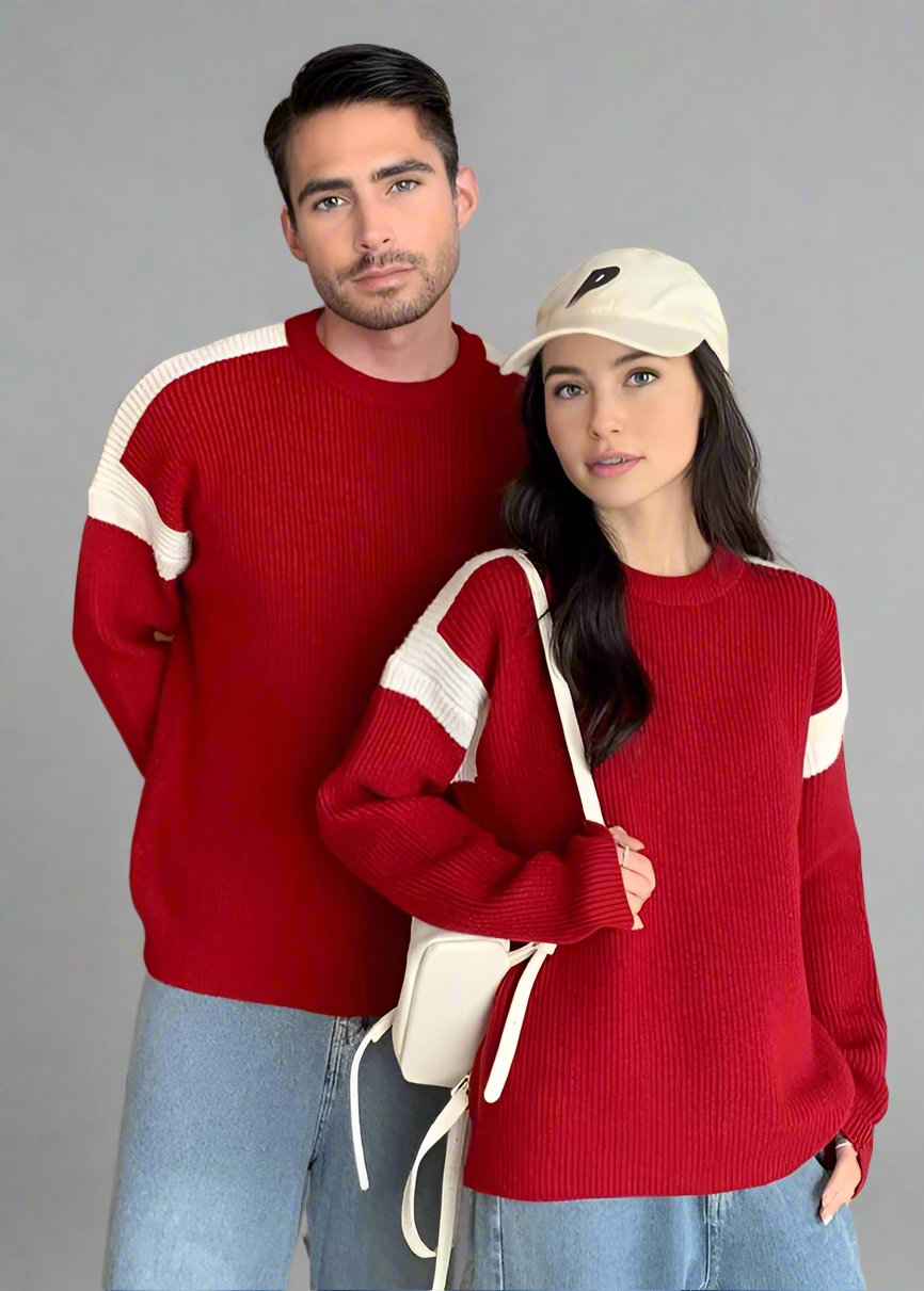 Stylish red knit sweater set for parents and kids with white accents, perfect for a casual family look.