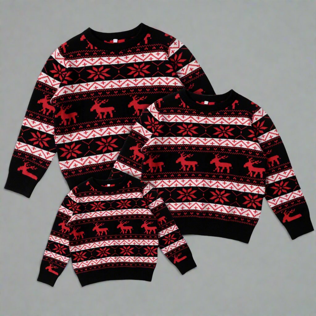 Elegant black Christmas sweater featuring bold red and white reindeer and snowflake designs for families