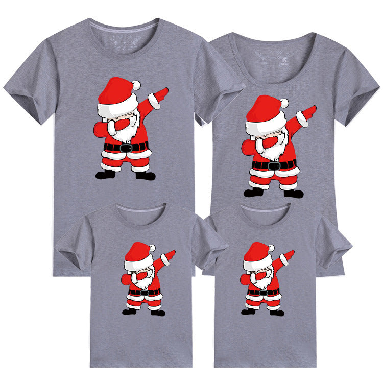 Holiday-themed matching gray t-shirts for families with Santa dabbing graphic