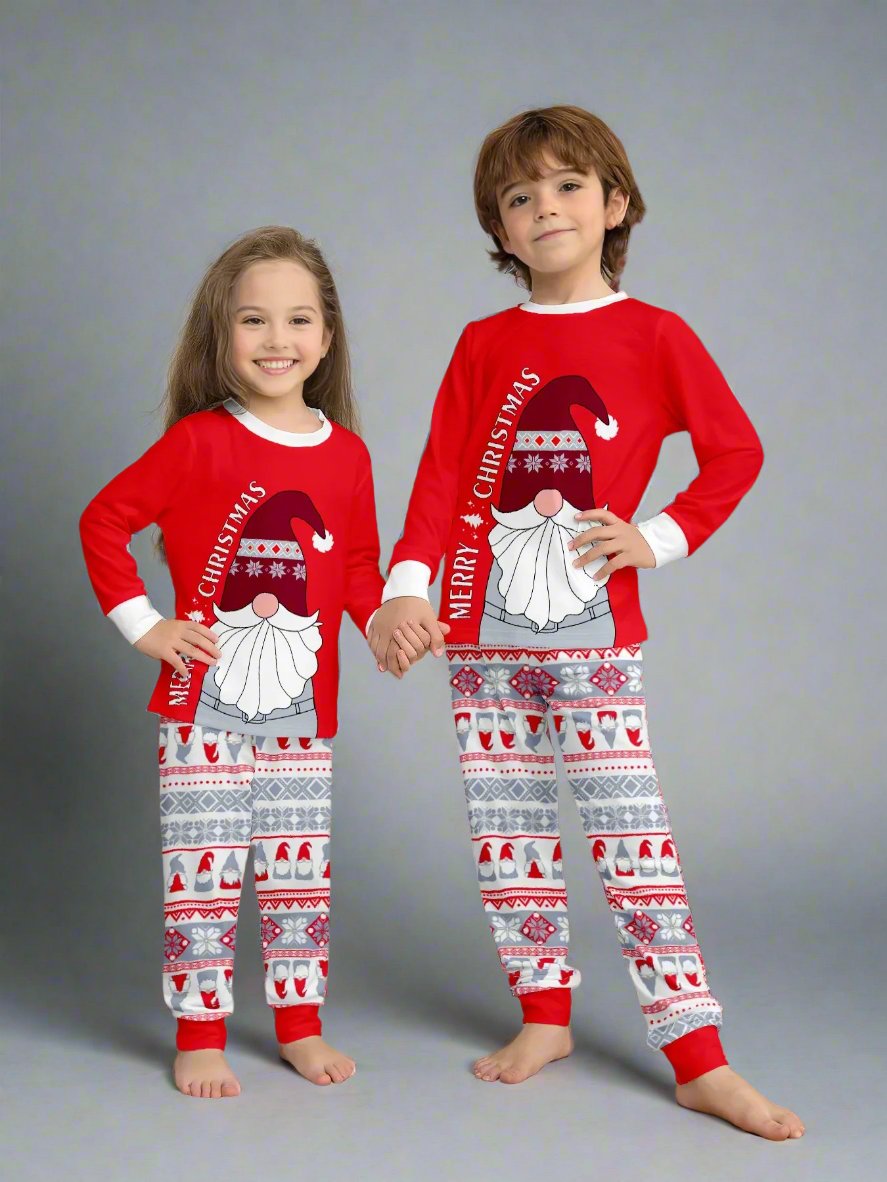 Matching family pajamas with Santa Claus design, red tops, and festive patterned pants