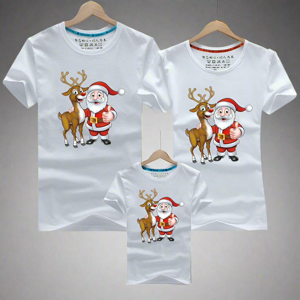 Holiday family matching shirts with a fun Santa and reindeer design in various colors