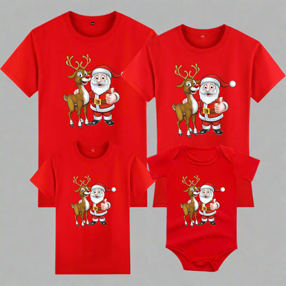 Red family matching Christmas t-shirts featuring Santa and his reindeer, perfect for festive celebrations