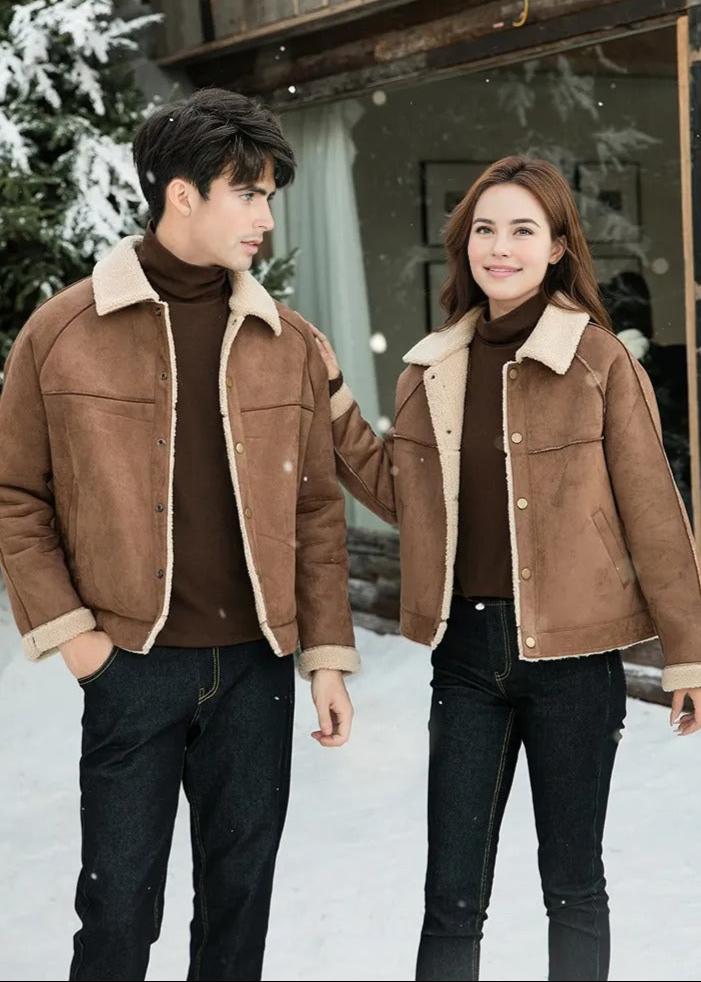 Stylish family dressed in coordinated brown shearling jackets and dark pants, standing in a snowy outdoor winter setting