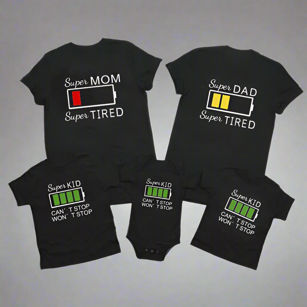 Family matching shirts with battery levels: low for parents and full for kids, 'Super Mom' and 'Super Dad' design