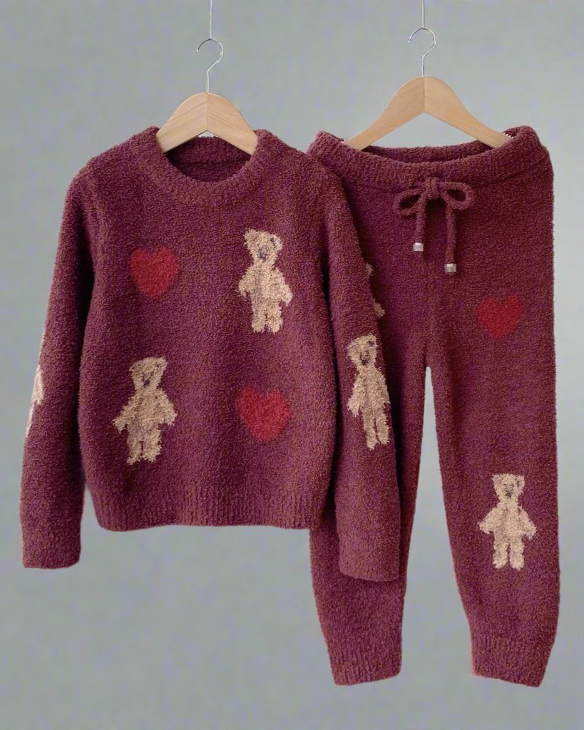 Teddy bear print fuzzy pajama set with sweater and pants, perfect for lounging