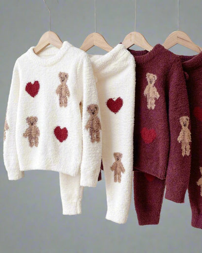 White fuzzy loungewear set with teddy bear and heart print on sweater and pant