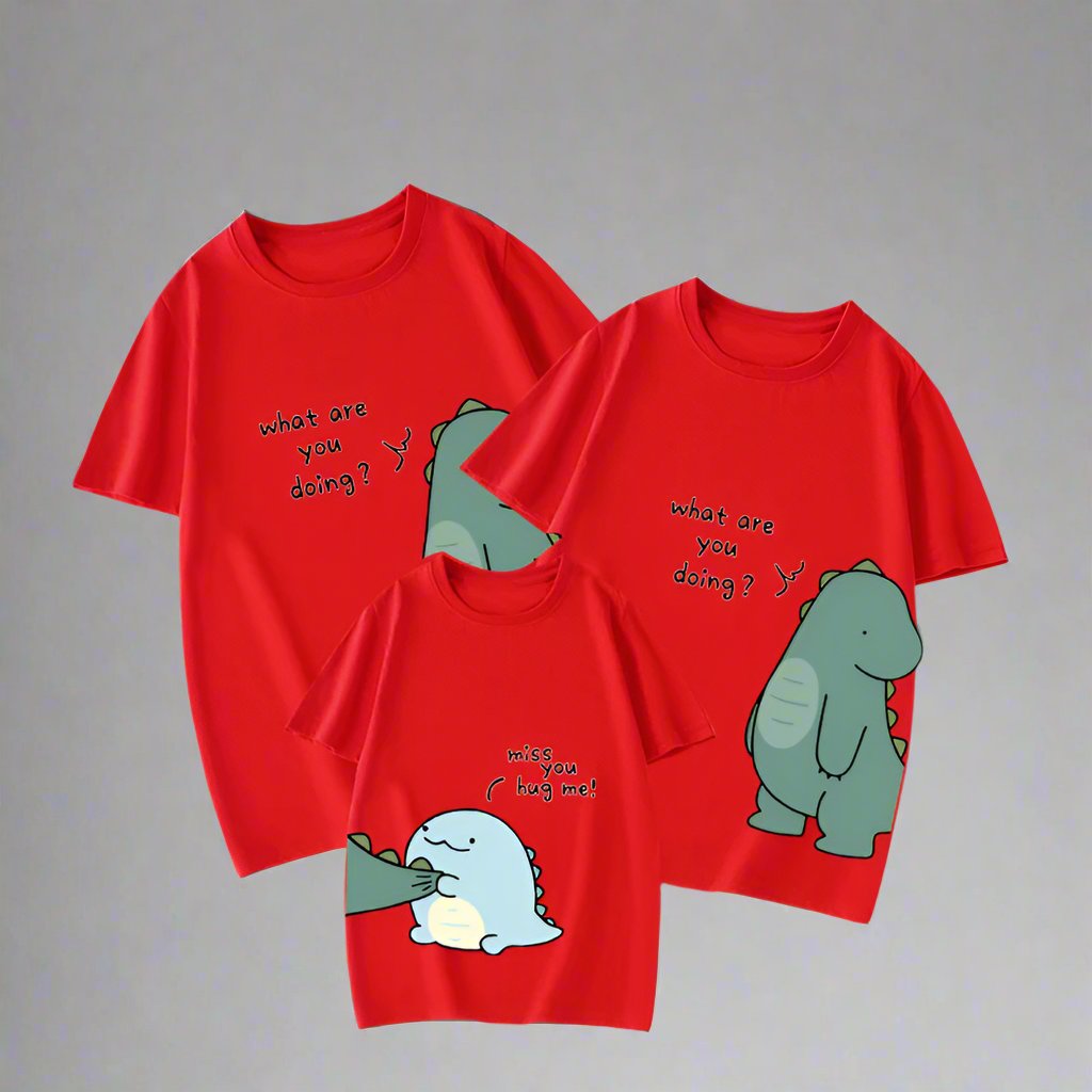 Adorable family matching t-shirts featuring hugging dinosaurs with playful quotes