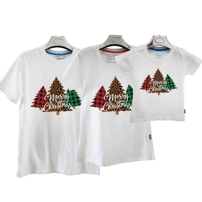 White family Christmas matching t-shirts showcasing plaid and leopard print trees with 'Merry Christmas' wording