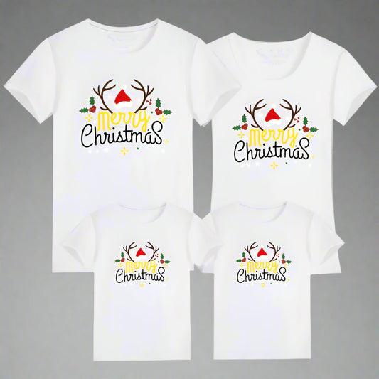 White matching family t-shirts with 'Merry Christmas' design, perfect for the holiday season