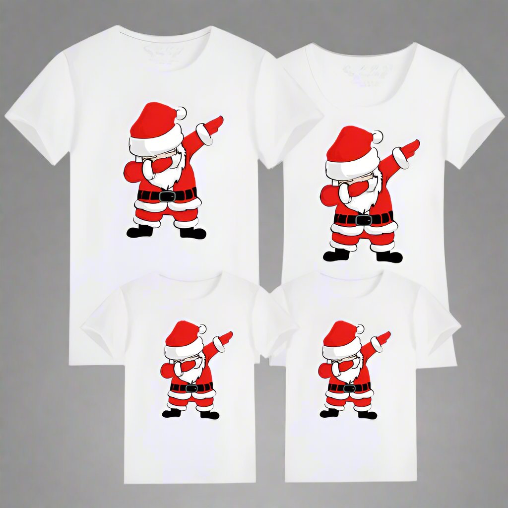 White matching family t-shirts with Santa dabbing design, perfect for Christmas celebration