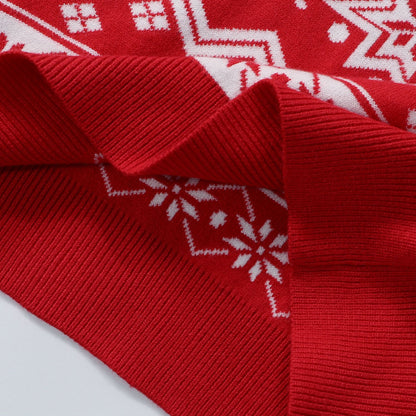 Holiday-themed matching sweater set in red and white, designed with a reindeer motif for families