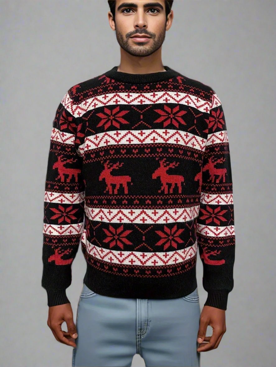 Black and red festive knitwear for families, designed with holiday-themed reindeer and snowflake details