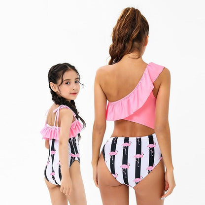 Mommy & Me Flamingo Print Striped Swimsuit-Swimsuits-dresslikemommy.com