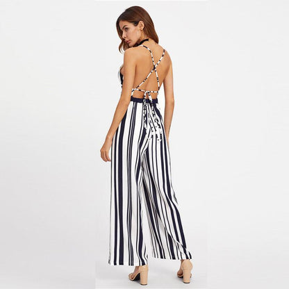 Backless Striped Jumpsuit - dresslikemommy.com