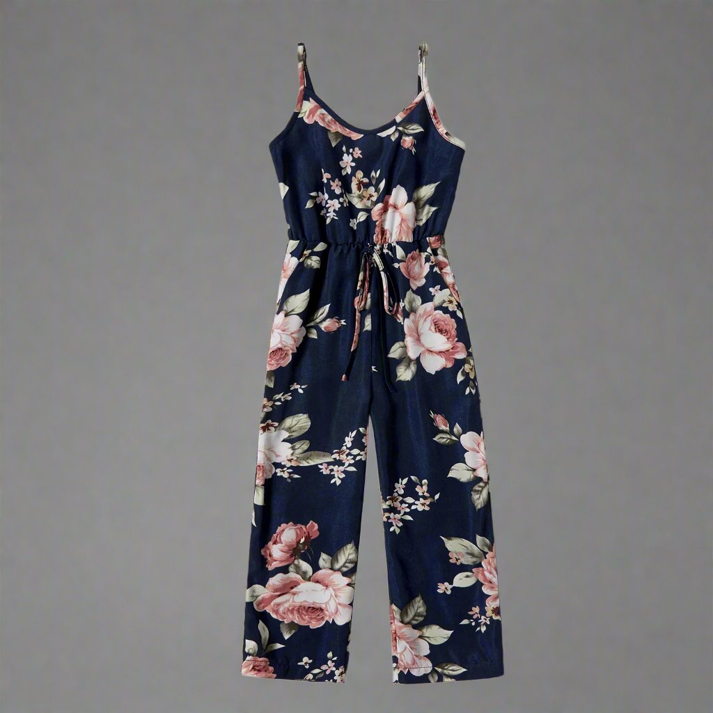 Family matching outfits: navy blue floral jumpsuits for mom, daughter, and baby girl