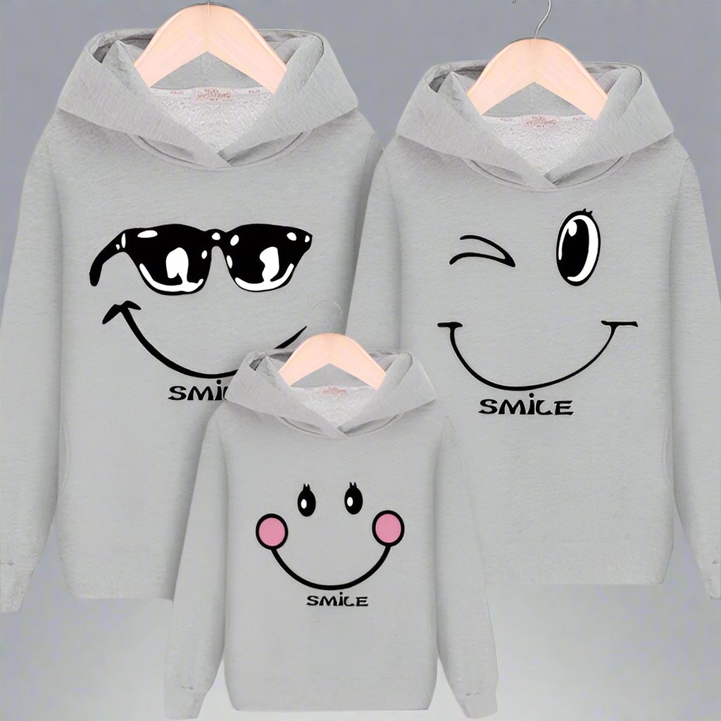 Coordinated family gray hoodies with adorable smiley face prints