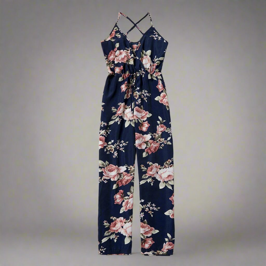 Mommy and me navy floral jumpsuit set with matching baby romper for a coordinated family look.