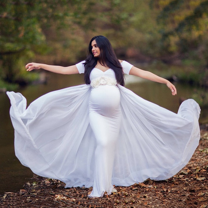 Maternity Long Dress with Chiffon Cloak Short Sleeve Sweet Heart - dresslikemommy.com