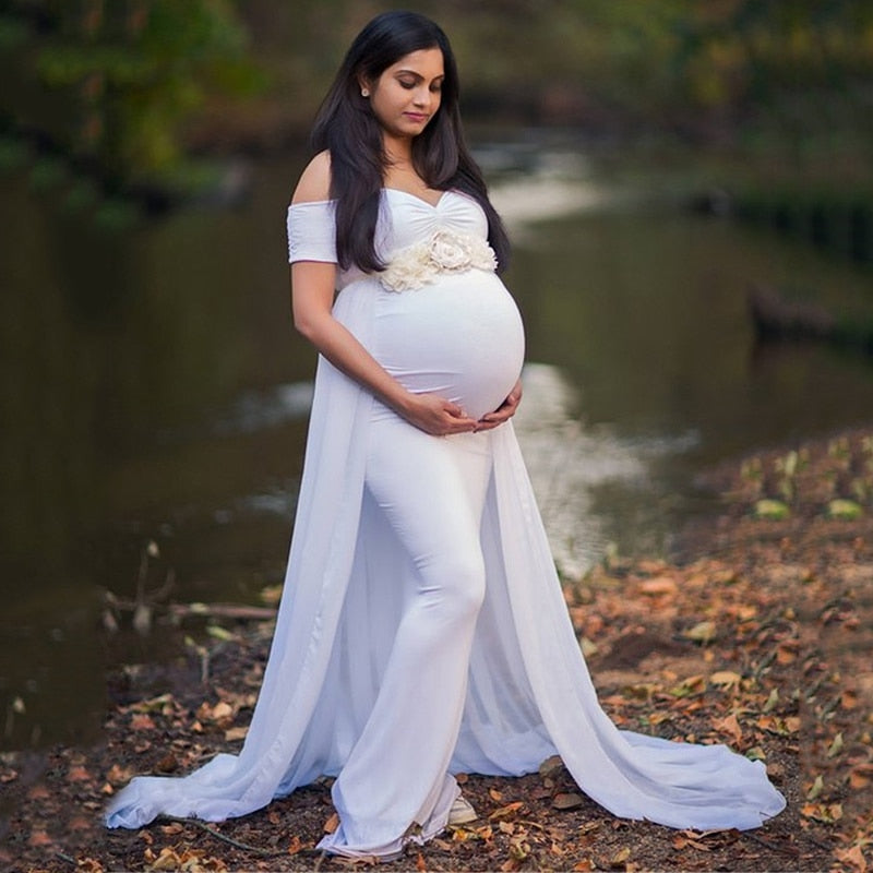 Maternity Long Dress with Chiffon Cloak Short Sleeve Sweet Heart - dresslikemommy.com